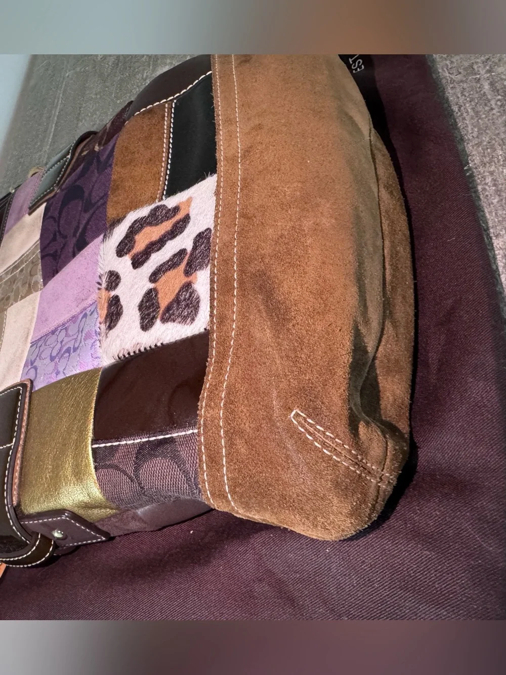 Coach Vintage Patchwork Leather and Suede Tote Bag in Brown and Purple